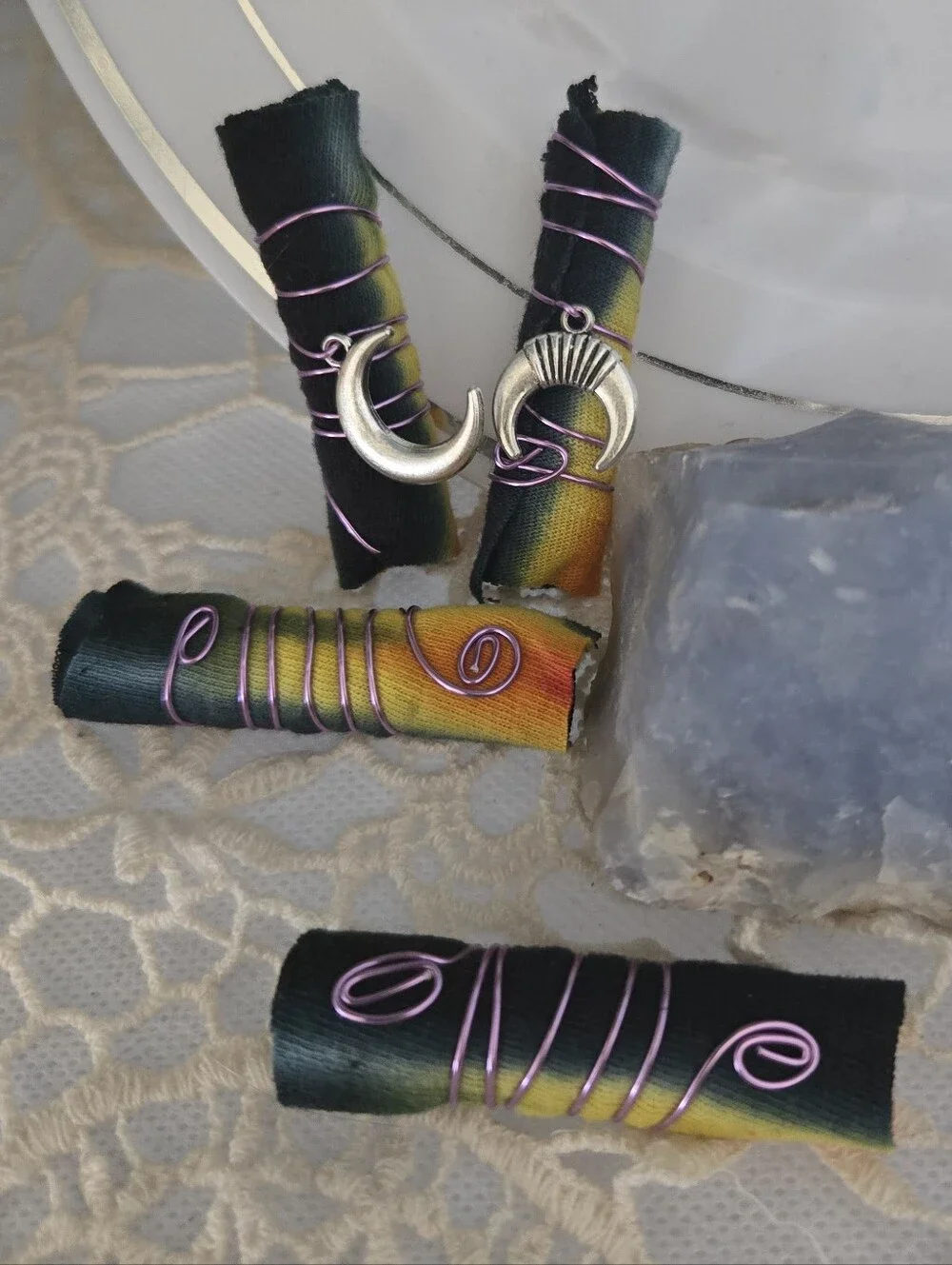 4/$15 Handmade Galaxy Moon Dread Braid Beads | Boho Fabric Hair Wrap Charms